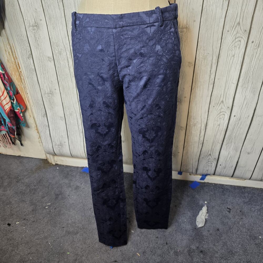 H&M Navy Blue Floral Jacquard Cotton Polyester Pants Zip Women's